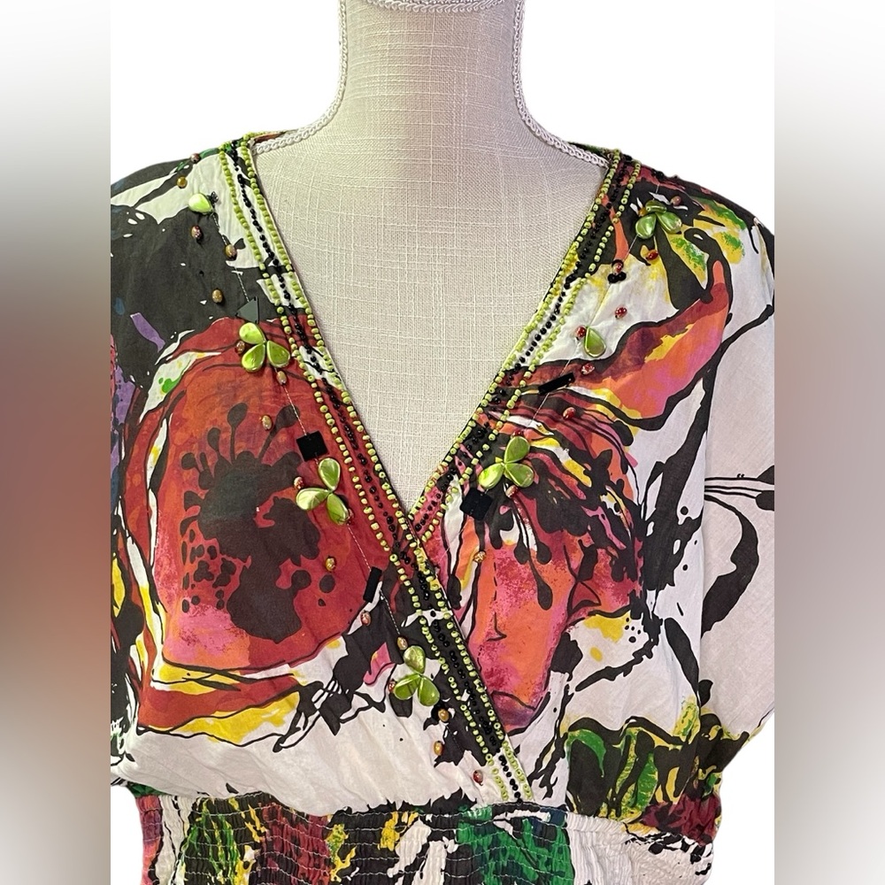 Sandy Starkman Artsy Beaded Colorful Watercolor Floral Cotton Dress 1X Vintage - Picture 6 of 15